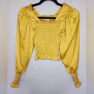 Lisa says gah smocked satin blouse